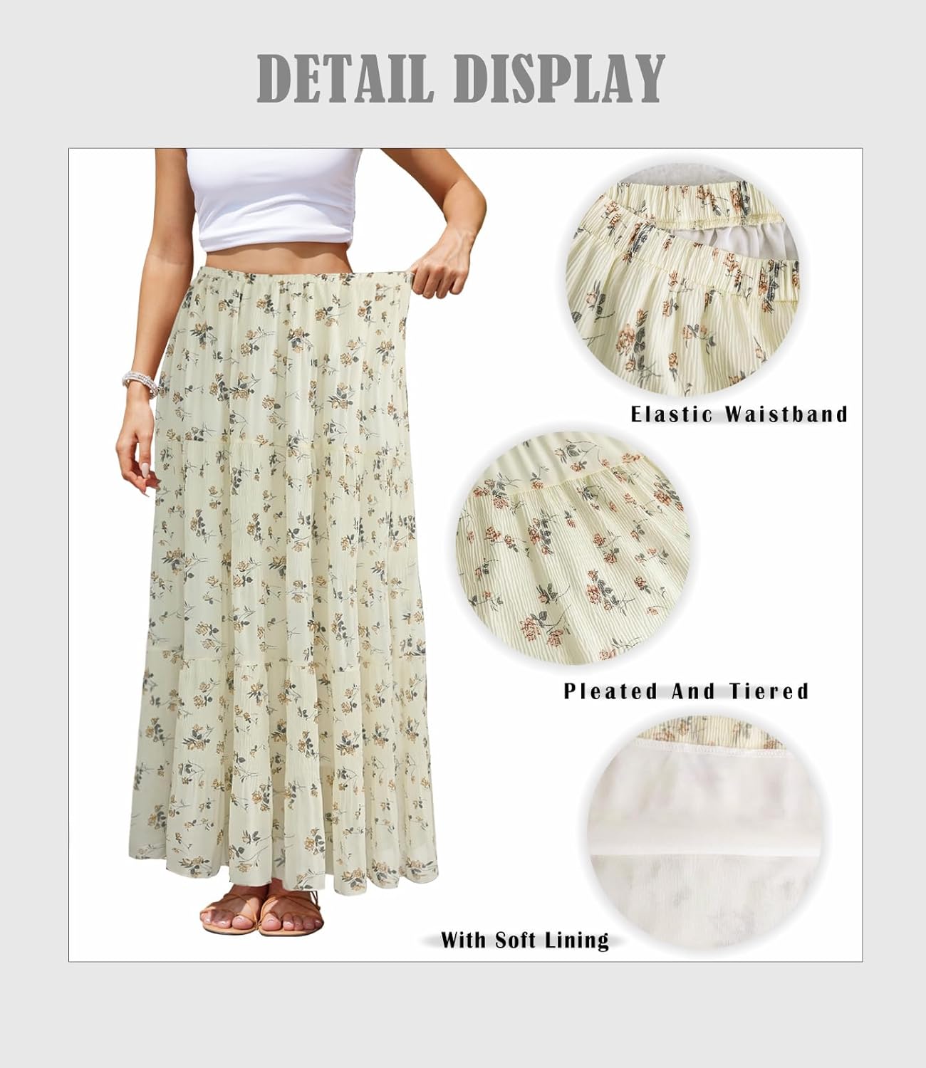 Women's Chiffon Maxi Skirt Pleated Elastic High Waisted Tiered A-Line Boho Spring Flowy Long Skirts with Lining - Image 4