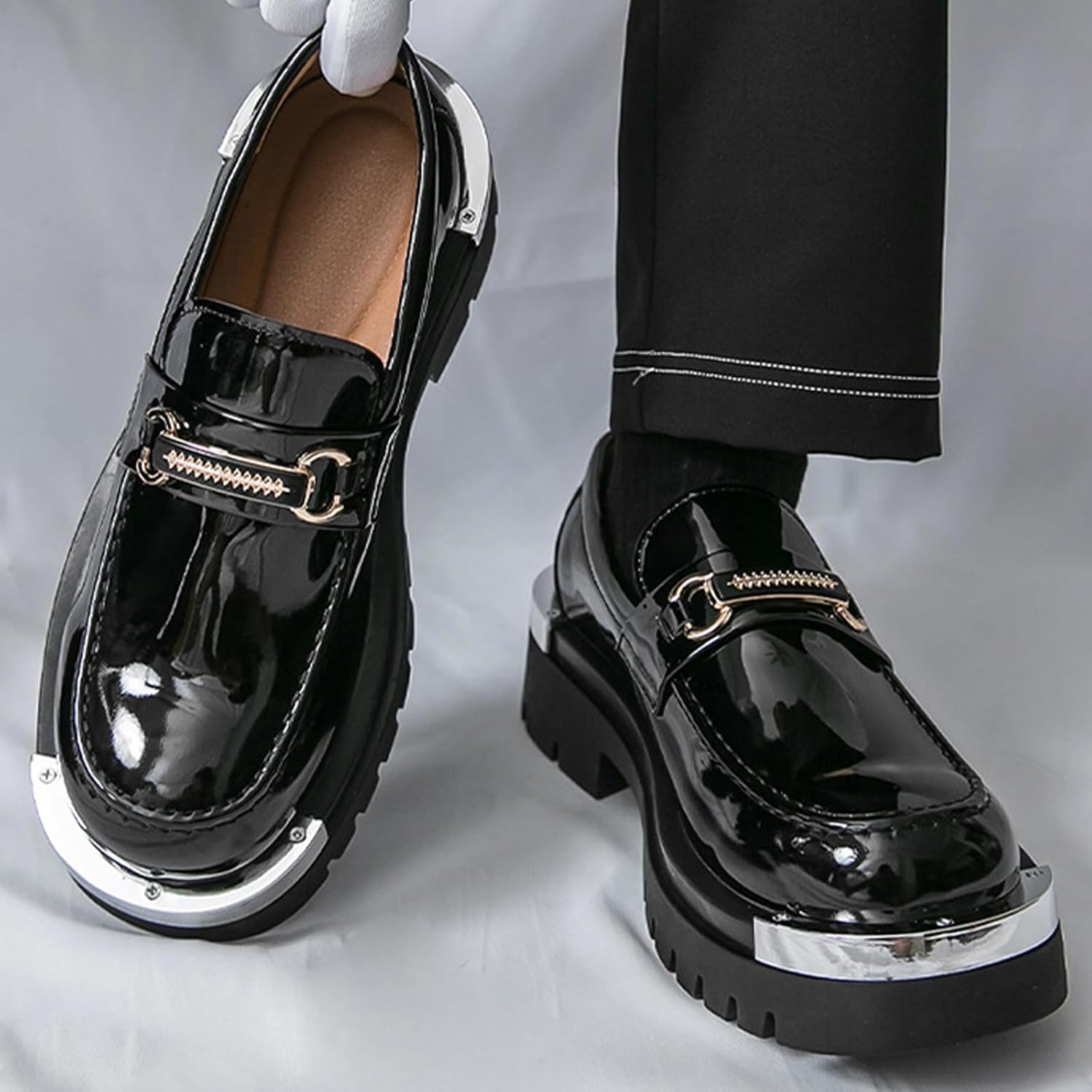 Men's Patent Leather Metal Decoration Chunky Platform Penny Loafers Luxury Round Toe Slip-On Lug Sole Dress Shoes Daily Non-Slip Shock Absorbing Outdoor Work Shoe