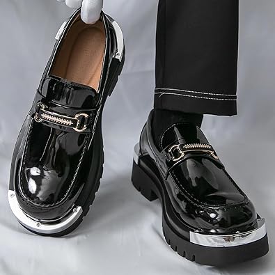 Men's Patent Leather Metal Decoration Chunky Platform Penny Loafers Luxury Round Toe Slip-On Lug Sole Dress Shoes Daily Non-Slip Shock Absorbing Outdoor Work Shoe