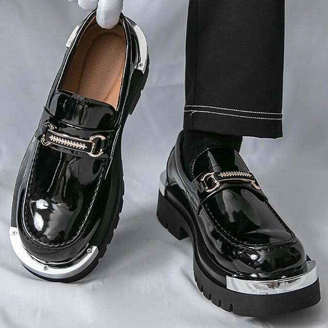 Men's Patent Leather Metal Decoration Chunky Platform Penny Loafers Luxury Round Toe Slip-On Lug Sole Dress Shoes Daily Non-Slip Shock Absorbing Outdoor Work Shoe