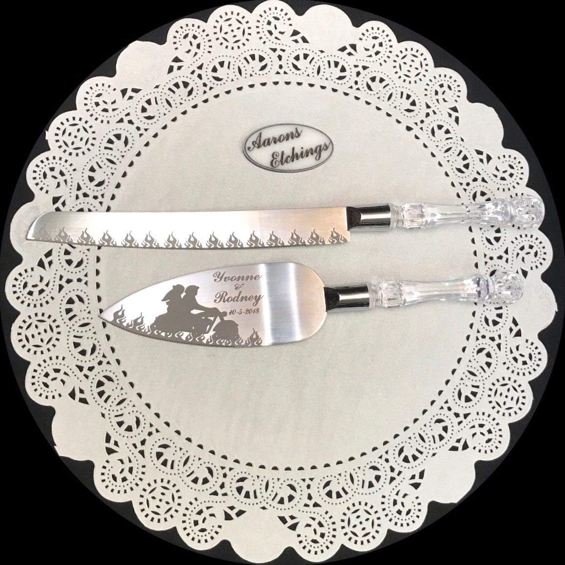Aaron's Etching Flaming Motorcycle Biker Engraved Wedding Cake Knife/Server Set with Names and Date