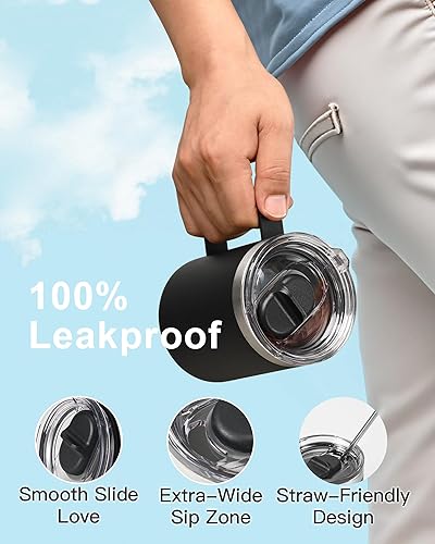 Miniatura 3 de Taza de café aislada de 12 onzas, taza de café de acero inoxidable de doble pared con tapas, tapa deslizante desmontable y a prueba de fugas para