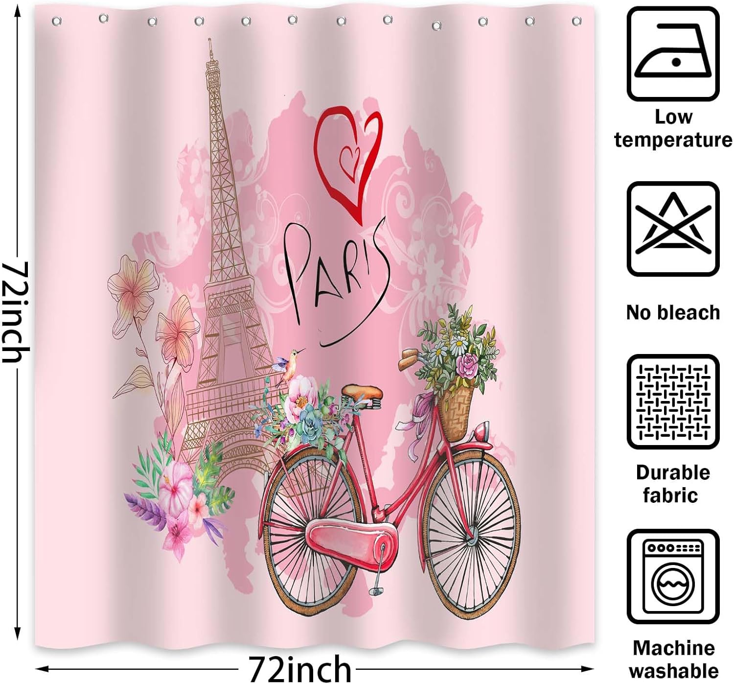 Pink Paris Shower Curtain for Girls Bathroom, France Eiffel Tower Art Modern Spring Shower Curtain Set Waterproof Bath Tub Curtain Decor with 12 Hooks, 72x72 inches