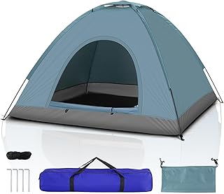 LEADZM Campingzelt 3-4 Personen, Tragbar, Kuppelzelte，Wasserdicht Winddicht UV-Schutz, Fiberglas Gestell, Ideal für Outdoor Camping Picknick，Blau