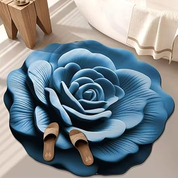 31.4inch Floral Plush & Diatomaceous Earth Floor Mat, 3D Visual Flower Shaped Diatom Mud Floor Rugs, Realistic Pattern Non-Slip Absorbent Mat for Bedroom, Kitchen, Living Room Blue