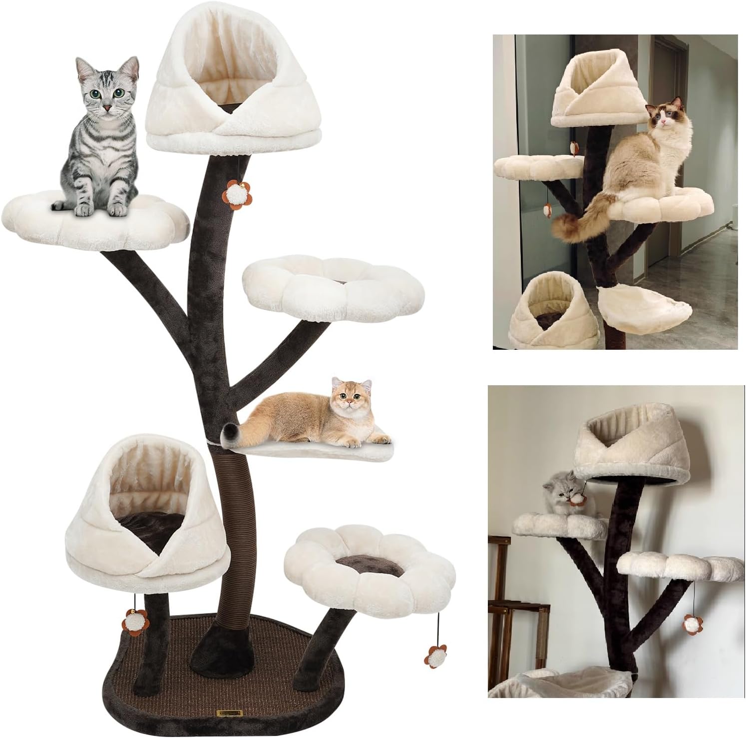 CNCEST 6-Tier Flower Cat Tree,63.8“ Multi-Level Tall Cat Tower with Sisal Scratching Posts,Hammocks,Hanging Basket,Cat Condo and Removable Washable Cushions,Cat Tree for Indoor Cats 22lbs (White)