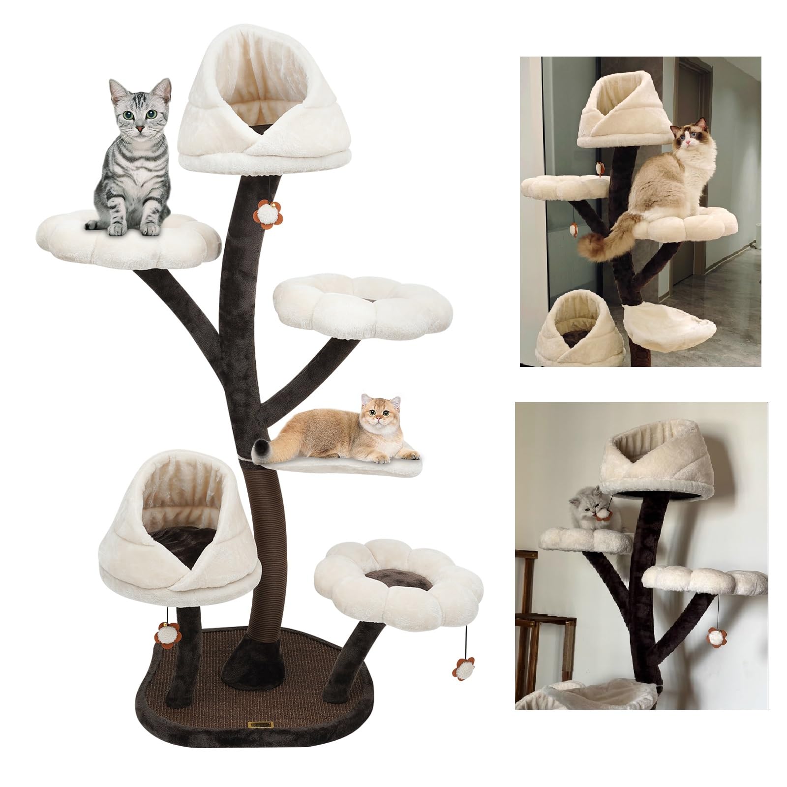 CNCEST 6-Tier Flower Cat Tree,63.8“ Multi-Level Tall Cat Tower with Sisal Scratching Posts,Hammocks,Hanging Basket,Cat Condo and Removable Washable Cushions,Cat Tree for Indoor Cats 22lbs (White)