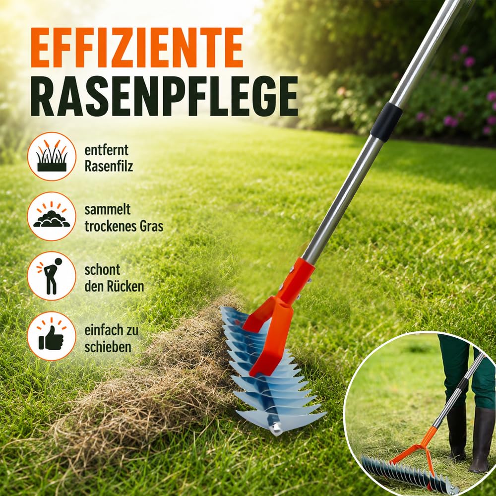 Handvertikutierer mit Gartenabfallsack, Vertikutierrechen mit Stiel 163cm, Vertikutierer Rechen Hand, Schneidrechen, Rasenlüfter Rechen,Vertikutierharke,zur Beseitigung von Moos und Rasenfilz