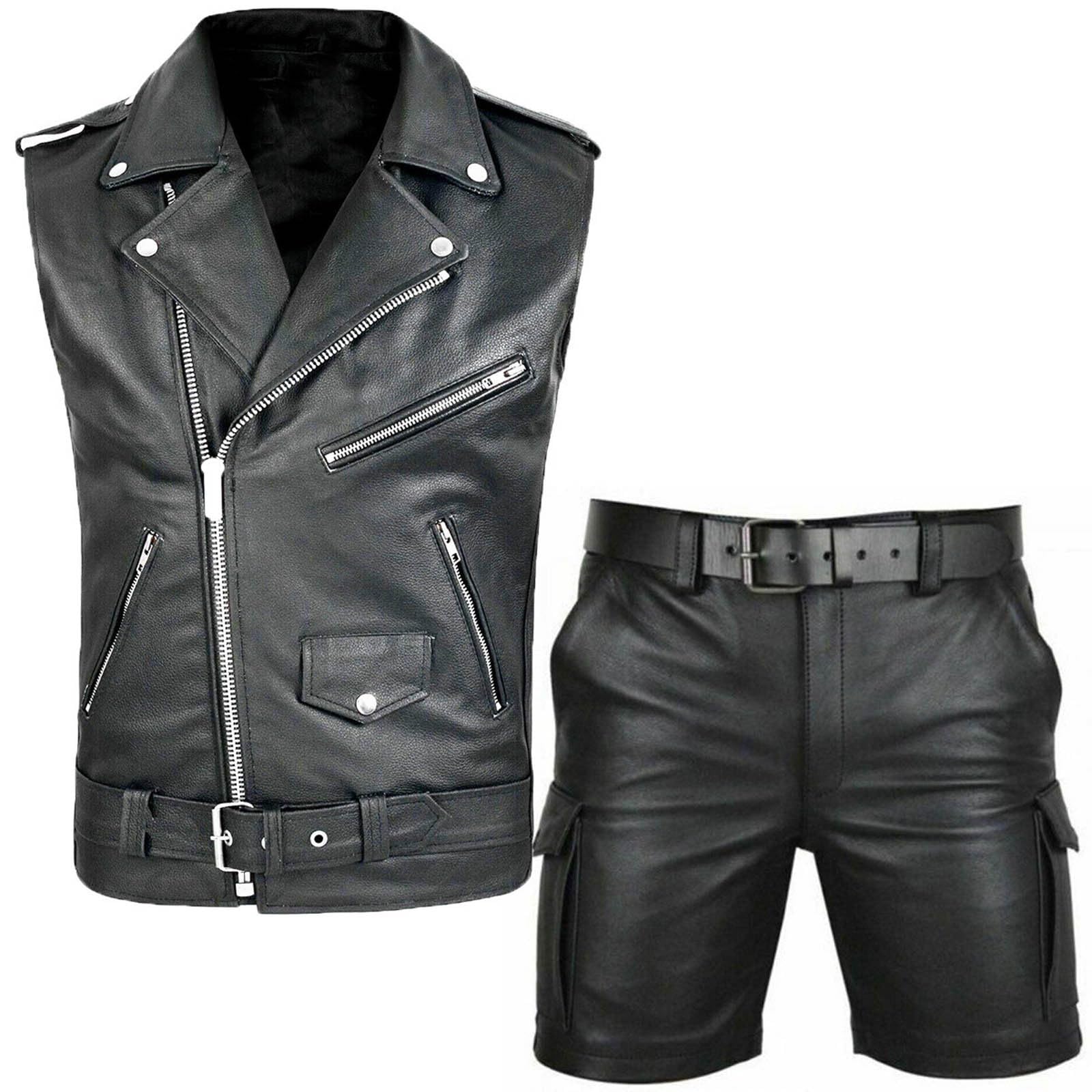 Trainingsanzug Herren Pu Leder Motorrad Set Zweiteiler Lässig Sportanzug Casual Lederweste Und Ledershorts Jogginganzug Punk Freizeitanzug Radbekleidung 2 Teilig Biker Anzug