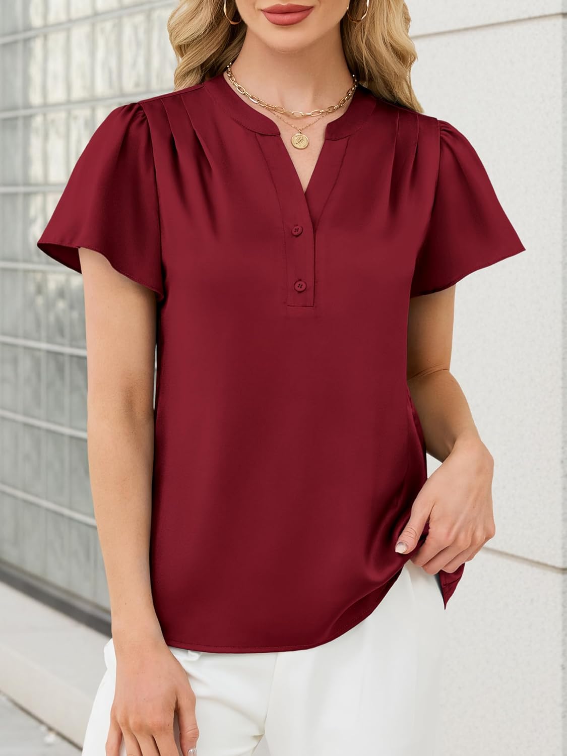 Funlingo Women's Silk Satin Tops Dressy Casual Ruffle Short Sleeve Blouses Summer V Neck Pleated Button Down Shirts - Image 2