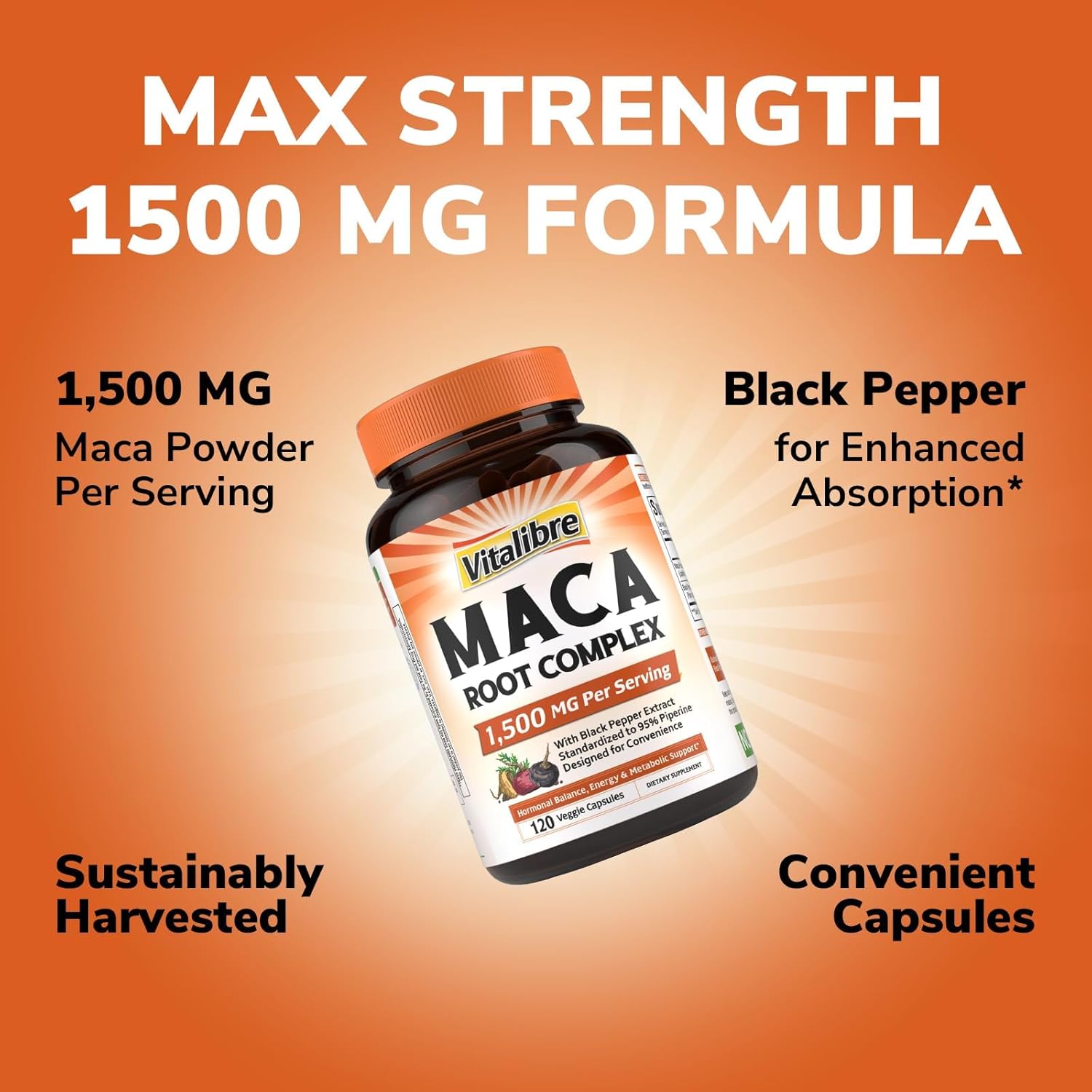 Maca Root Capsules for Women & Men, 1500 mg Maca Root Per Serving, with Black Pepper for Max Absorption, 95% Piperine, Vitality, Mood, Metabolic Support, 120 Capsules - Image 7