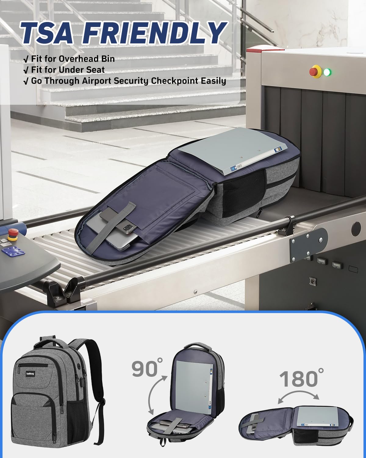 kadilong 17,3 Pouces Sacs à Dos pour Ordinateur Portable pour Homme,Sac École Secondaire Cartable Lycée Garçon avec Port USB