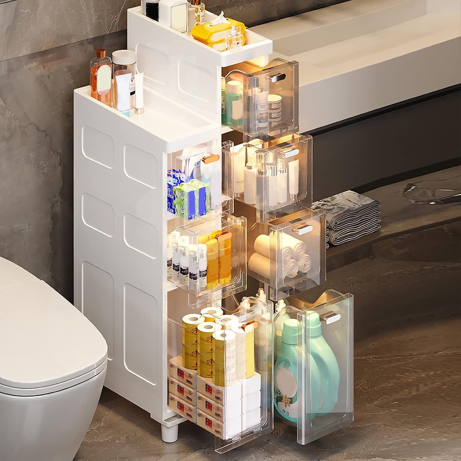 Cassettiera impilabile con cassetti in plastica e rotelle, organizer da pavimento stretto alto e sottile, per bagno o camera da letto, torre a 3/4/5 ripiani per carta igienica, robusto e salvaspazio
