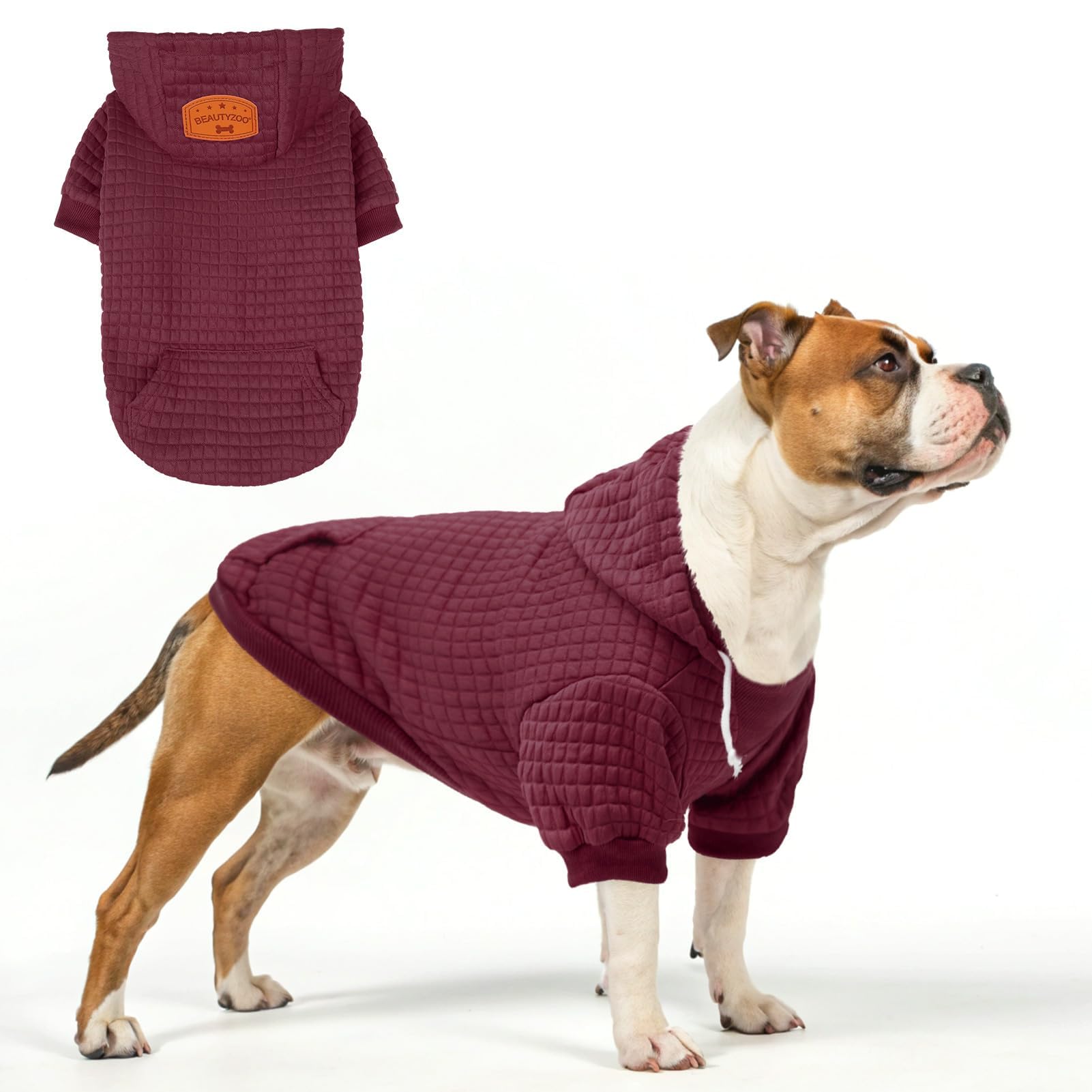BEAUTYZOO Large Dog Hoodie Sweater with Pockets, Dog Clothes for Small Medium Dogs Boy Girl, Waffle-Like Laminated Cotton Pet Coats with Hat and Leash Hole, Wine Red 2XL