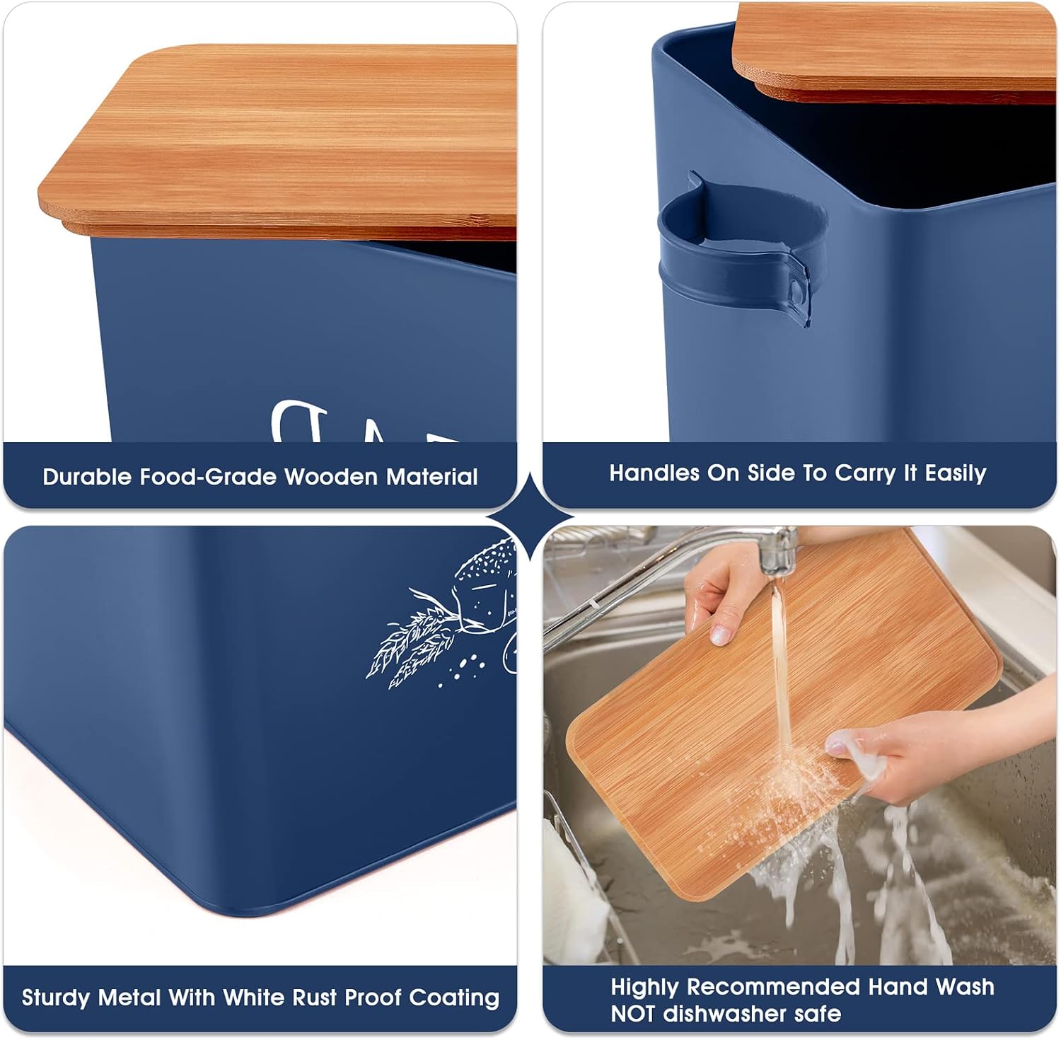 TeamFar Bread Box with Wooden Lid, 13.1” x 7.2” x 9.7” Metal Bread Container Storage Holder for Family Farmhouse Kitchen Countertop, Powder-Coated & Healthy, Large Capacity & Classic Pattern (Dark Blue)