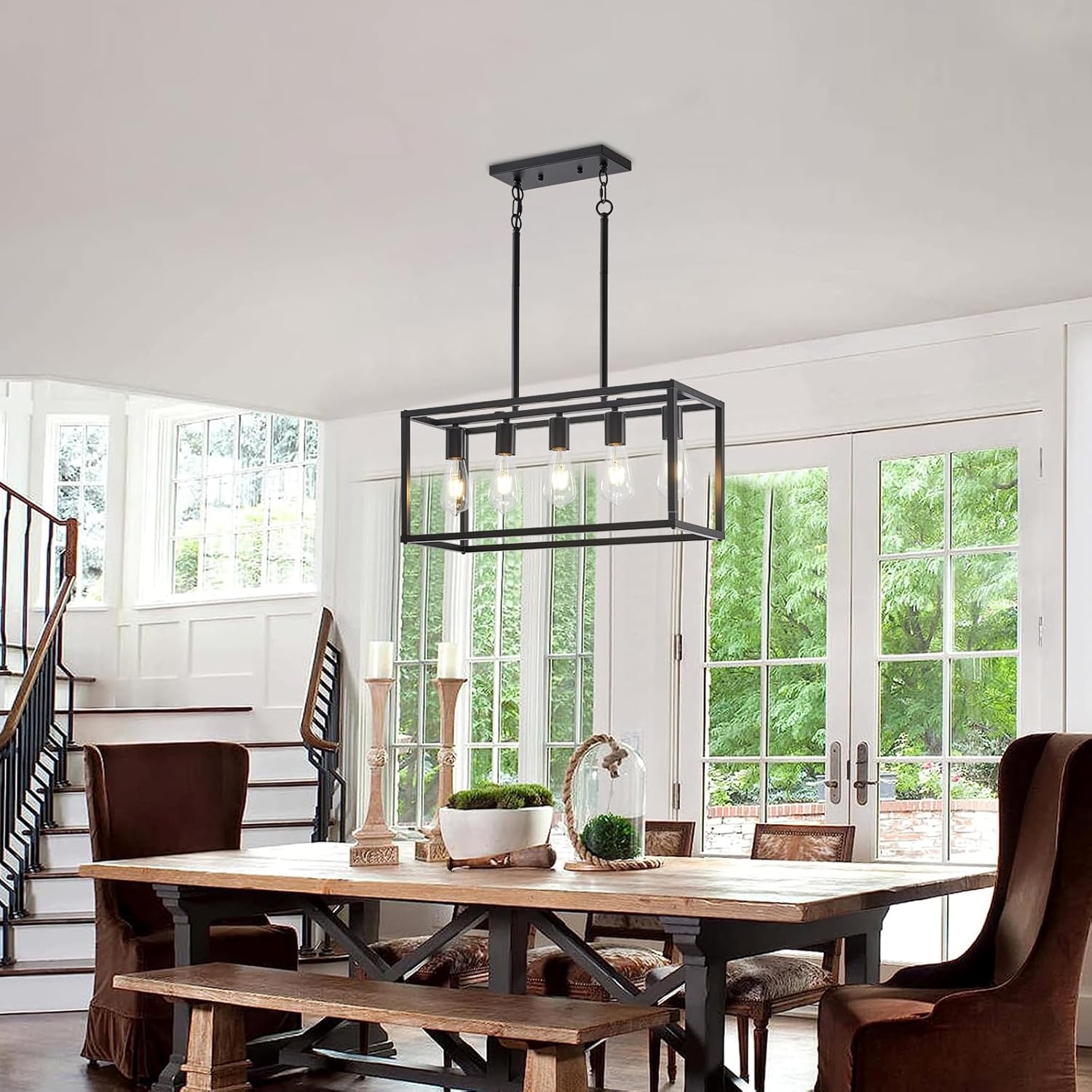 5-Light Kitchen Light Fixtures Black Farmhouse Chandelier Rectangular Dining Room Light Fixture Linear Pendant Lighting Hanging Lights for Kitchen Island Living Room Adjustable Height E26