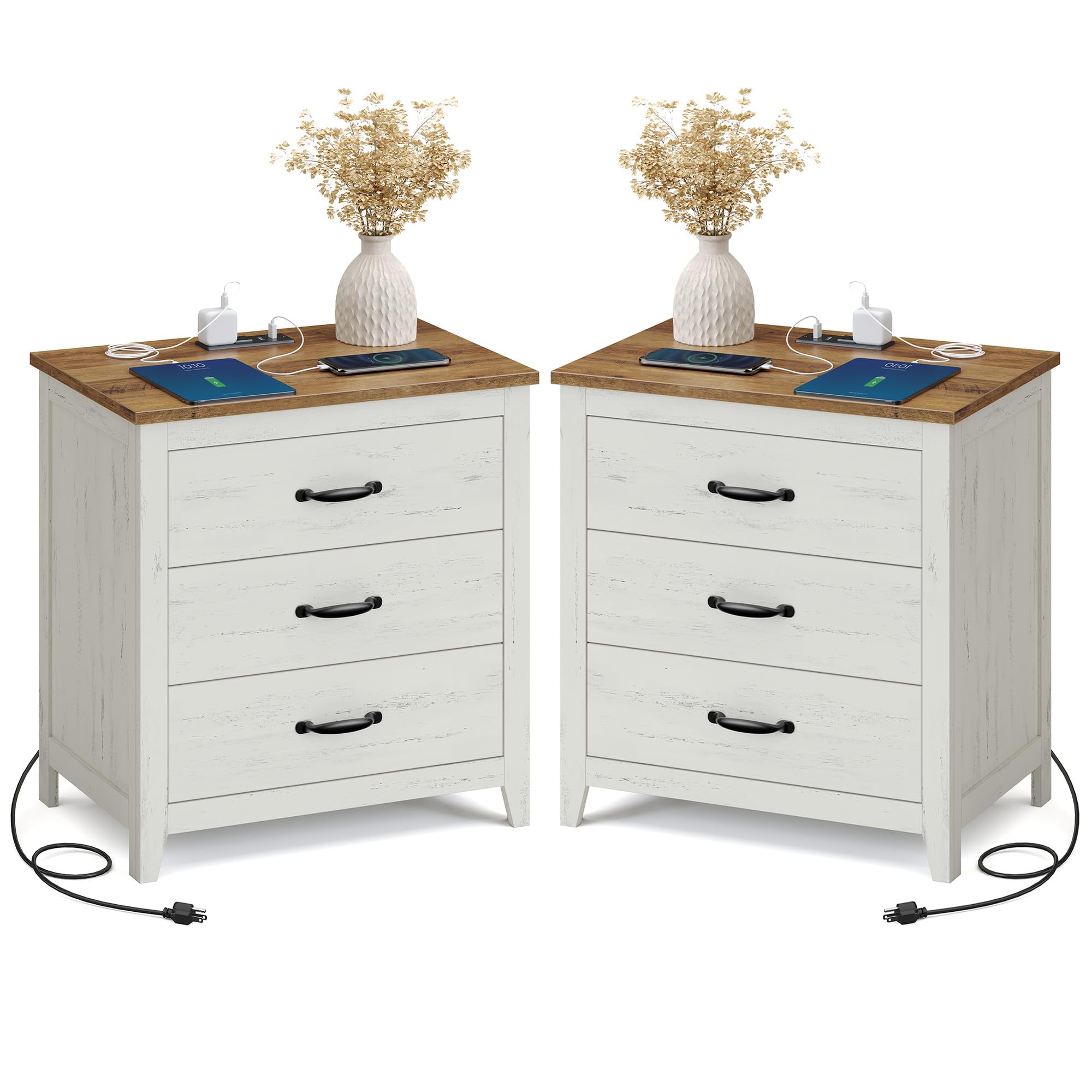 VASAGLE Farmhouse Nightstand with Charging Station, Set of 2