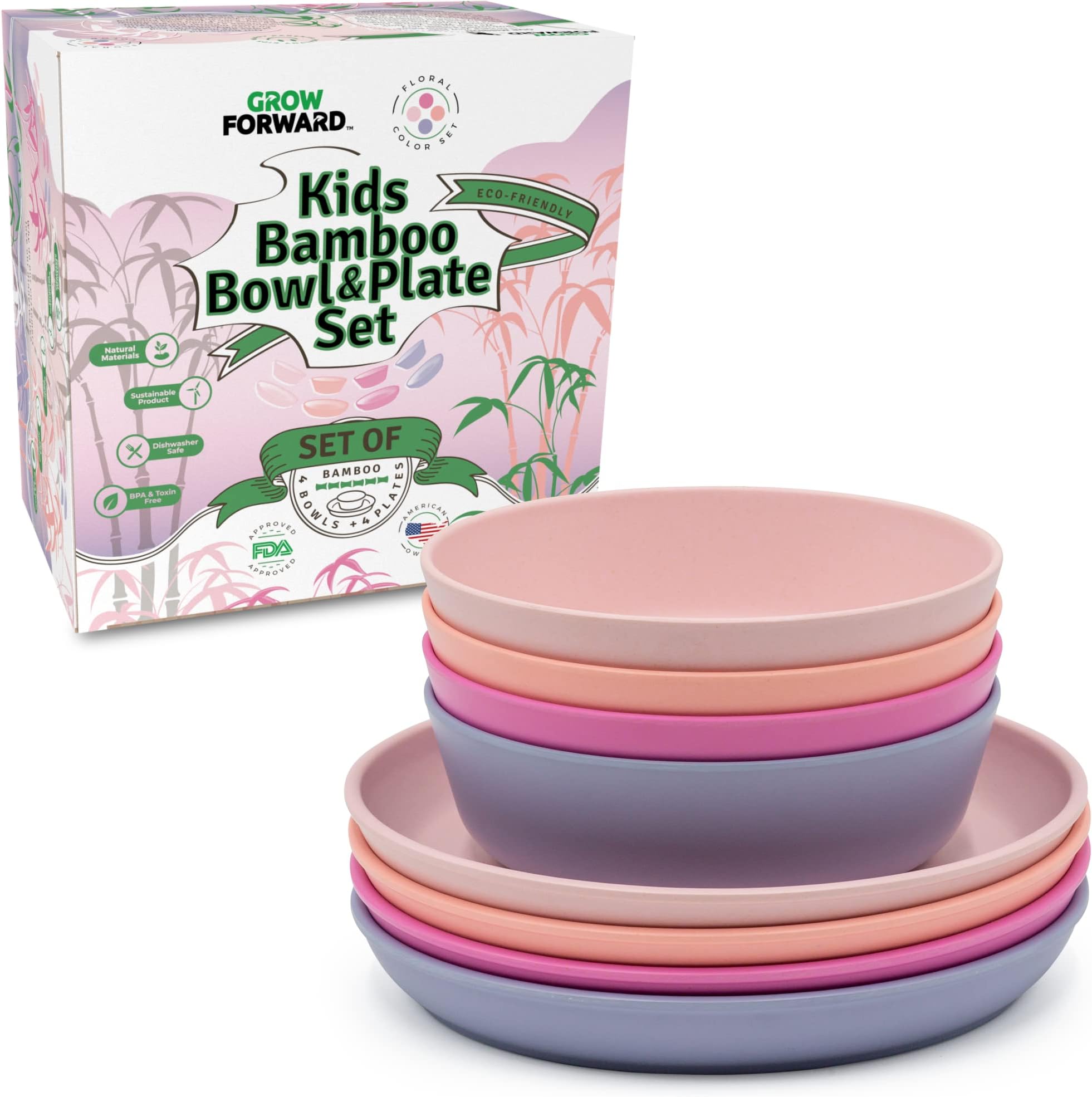 Grow Forward Bamboo Kids Plates and Bowls Set - 4 Bamboo Plates for Kids and 4 Bamboo Bowls for Kids - BPA Free & Dishwasher Safe - Eco Friendly Reusable and Biodegradable Childrens Dishes - Floral