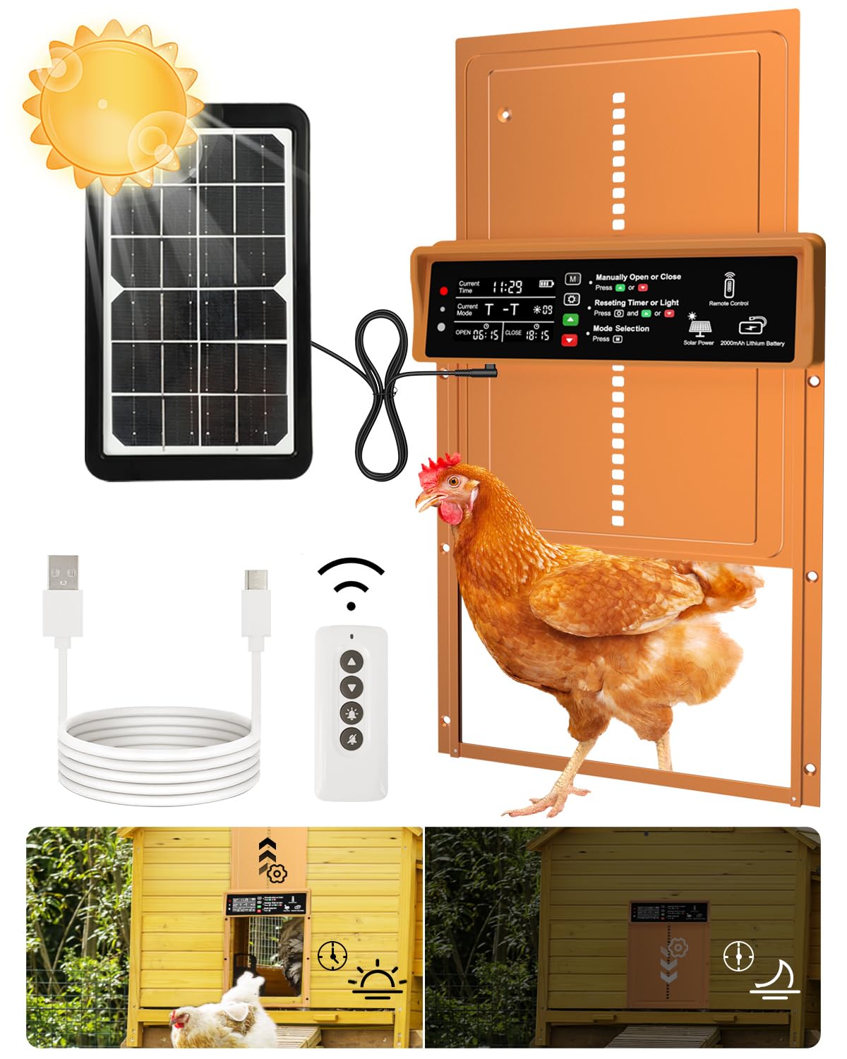 Asfrost Automatic Chicken Coop Door Solar Powered Automatic Chicken Door with Timer & Light Sensor, Anti-Pinch, Durable Aluminum Auto Chicken Door, Charge with 7W Solar Panel & USB - Orange