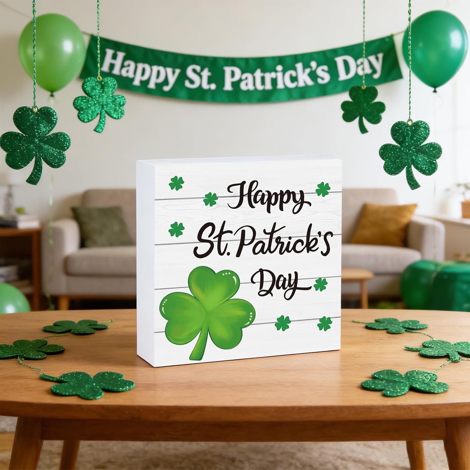 St Patricks Day Decorations St Patricks Day Decor Indoor Table Shamrock Happy Rustic Home Room Office Bathroom Wood Box Sign Wooden Shelf Desk Decor Season Sign House Warming Gifts 5.9 x 5.9 Inch