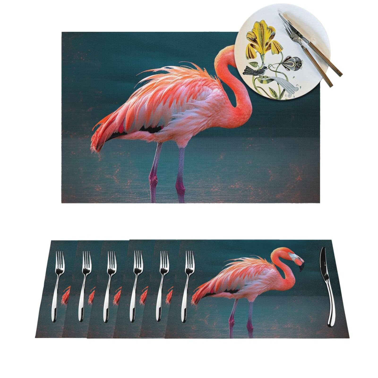 Sets de table tissés flamants roses x6 en PVC lavable pour salle à manger