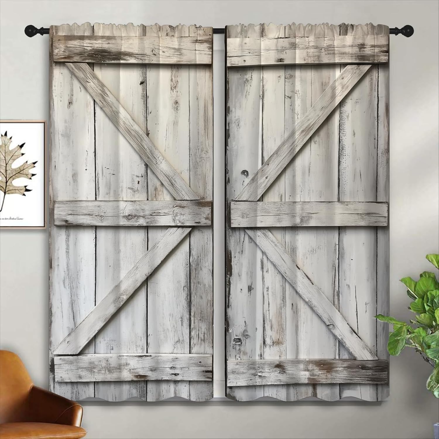 Rustic Barn Door Blackout Curtains for Boys Girl Bedroom Home Decor, White Vintage Farmhouse Wood Door Thermal Insulated Rod Pocket Darkening Living Room Window Drapes, 42 x 63 inch