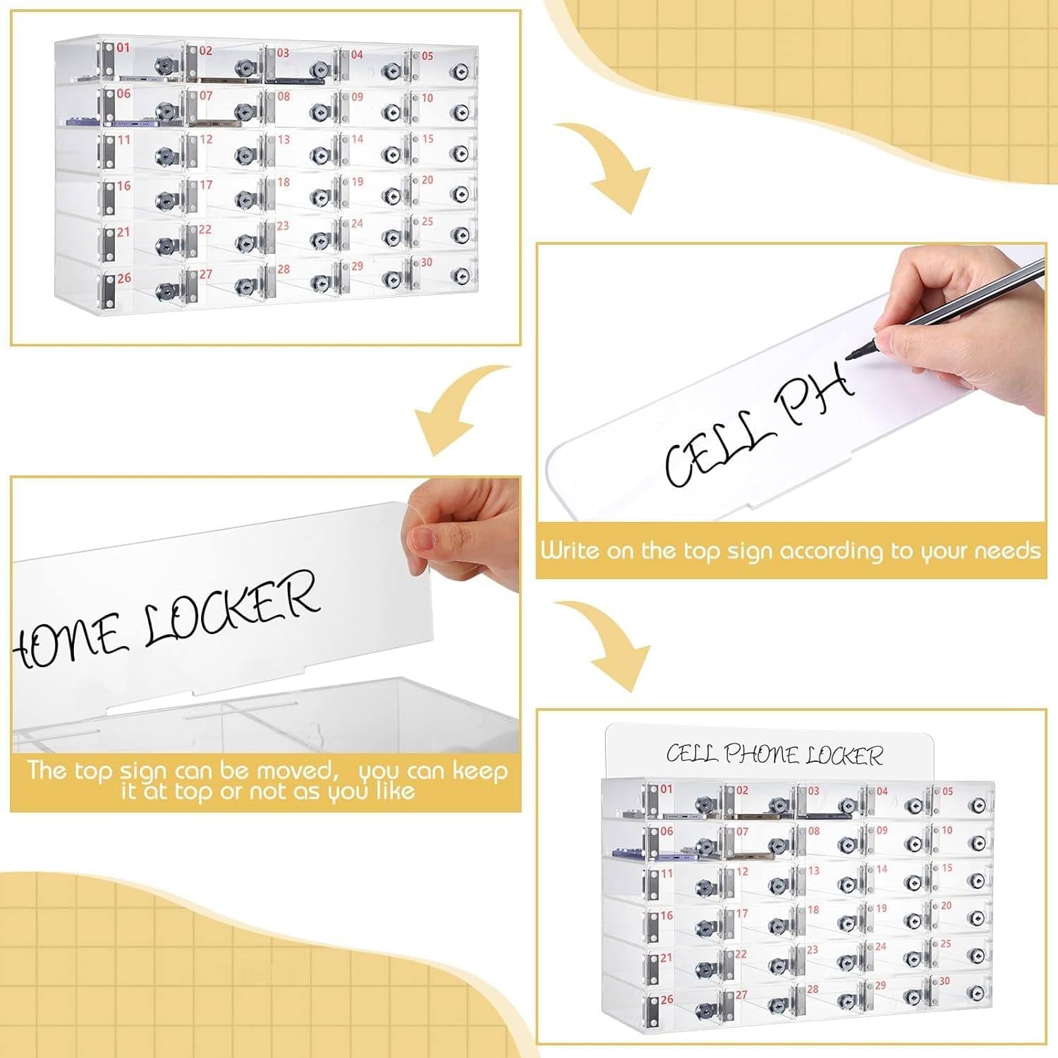 Cell Phone Locker Box for Classroom with Door Locks and Keys Clear Acrylic Jail Storage Cabinet，Wall-Mounted Cell Phone Lock Box with Door Locks & Keys - 30-Slot Acrylic Storage Cabinet for