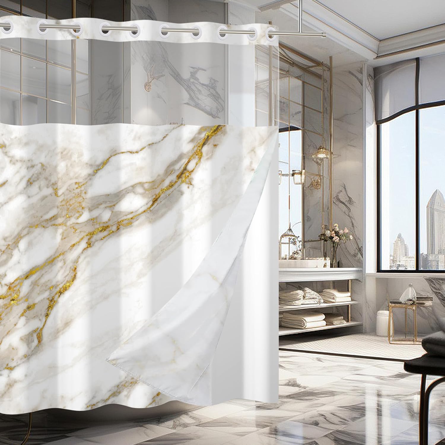 No Hook Shower Curtain,Gold White Marble Double-Layered Shower Curtain with Snap-in Liner and Weights,Fabric Bath Curtain with See Through Mesh, 71x74in