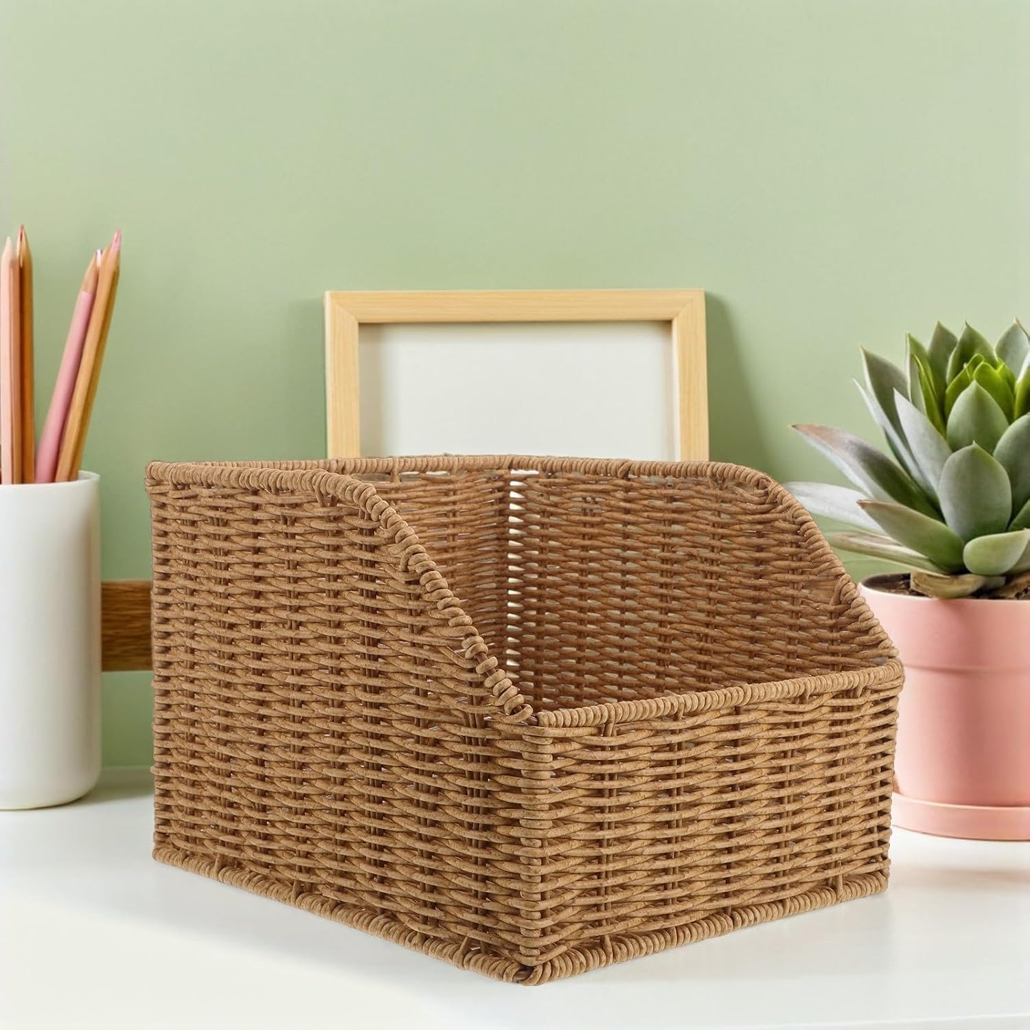 Imitation Rattan Slanted Opening Storage Basket for Books | Pp Construction, Handwoven Texture with Decorative Styling, Feature for Home Living and Entryway Organization