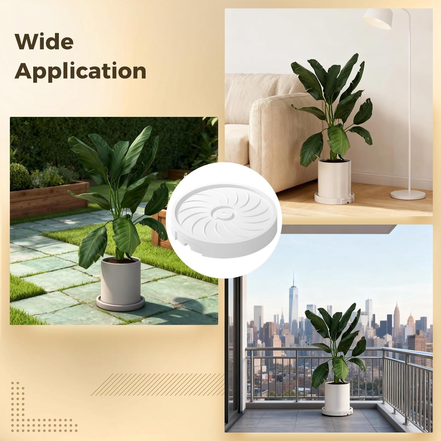2 Pcs Plant Caddy with Wheels, 10 Inch Movable Plant Caddy, Indoor Outdoor Pot Dolly, Inner Diameter White Base with Drain Tray