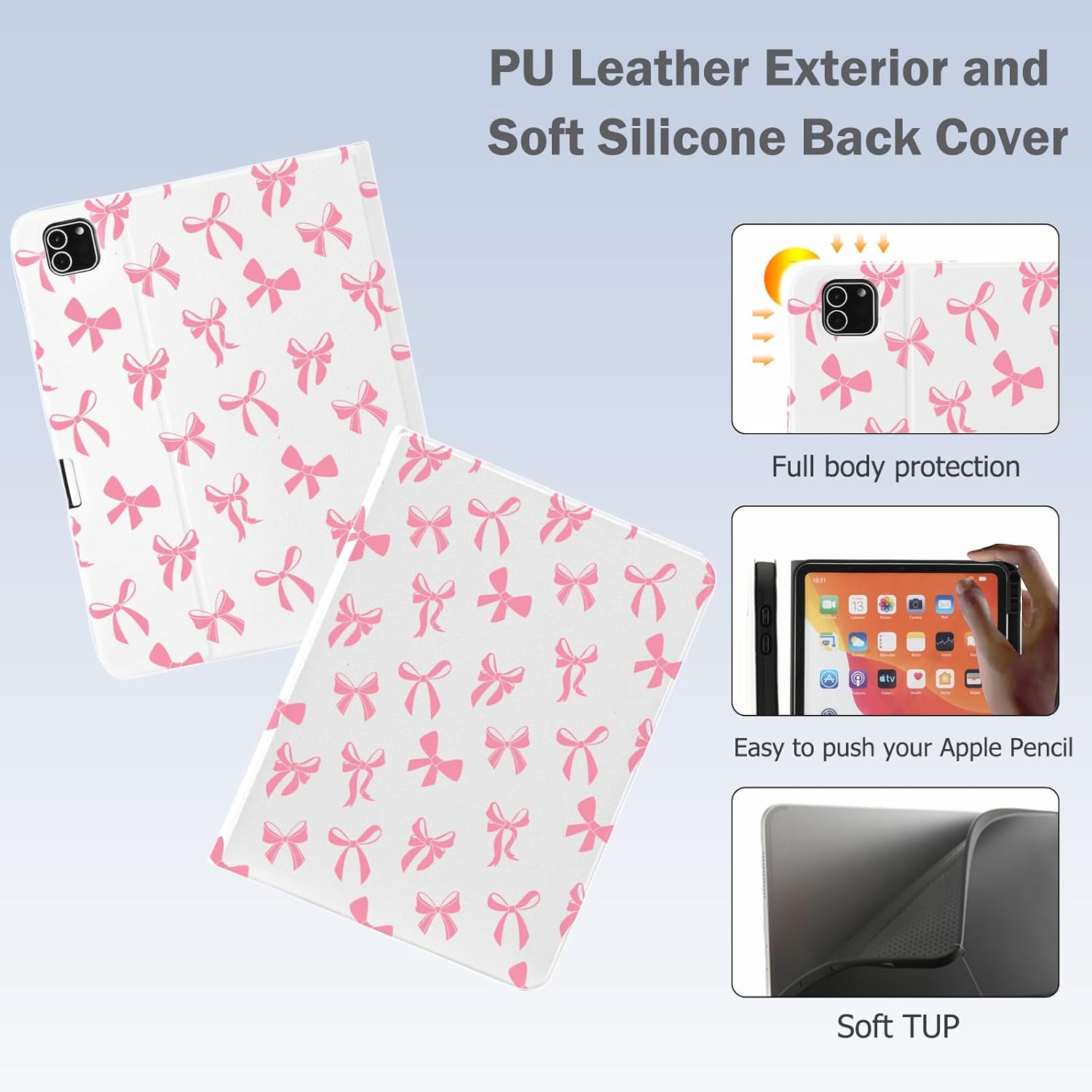 Cute Kawaii Pink Bow for iPad Air 13 Inch Case M3 2025/M2 2024/iPad Pro 12.9 Inch Case with Pencil Holder, Auto Sleep/Wake and Multiple Viewing Angles, White Leather Soft TPU Back Cover