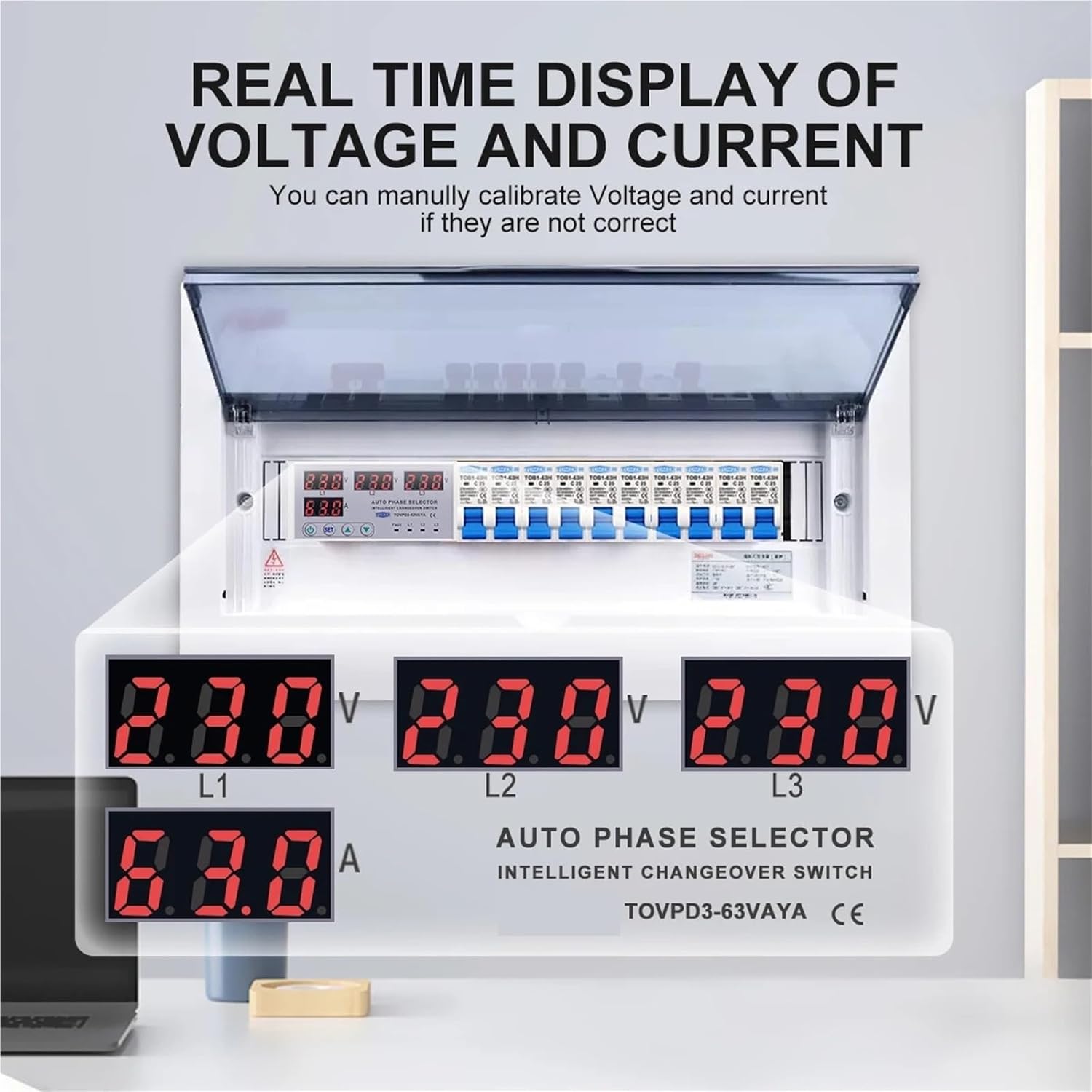 100A 63A 3 Phase 3P+N Din Rail Selector Adjustable Over and Under Voltage Current Protection Monitor Relays Protector 1Pcs(63A Phase selector)