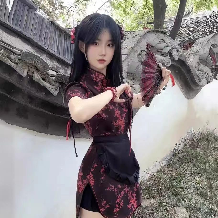 Improved Cheongsam Chinese Small Kitchen Girl Soft Sister Sweet Slit Cheongsam Uniform Network red Dress Set2