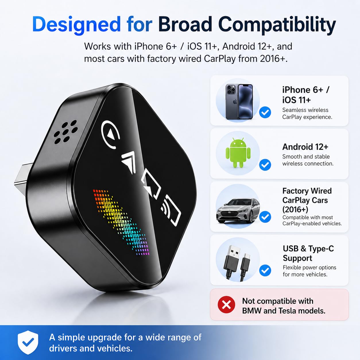 auvstar Adaptateur CarPlay & Android Auto sans Fil, 2026 Optimisé 4en1 RGB Mirror Link USB/Type-C iOS 11+ Android 12+ Voitures avec CarPlay Filaire à partir de 2016