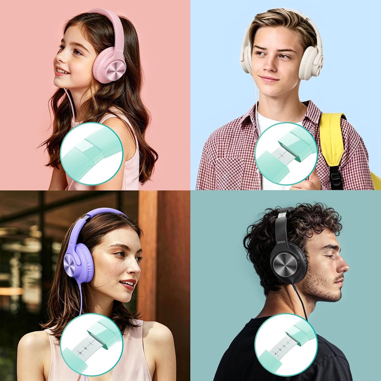 KVIDIO Wired Headphones with Mic, Volume & Playback Control, Over-Ear Foldable Headphones, 3.5mm Plug, 90° Swivel Ear Cups, 4.9ft Tangle-Free Cord for Tablet, Laptop, PC, School, Travel (Mint Green)