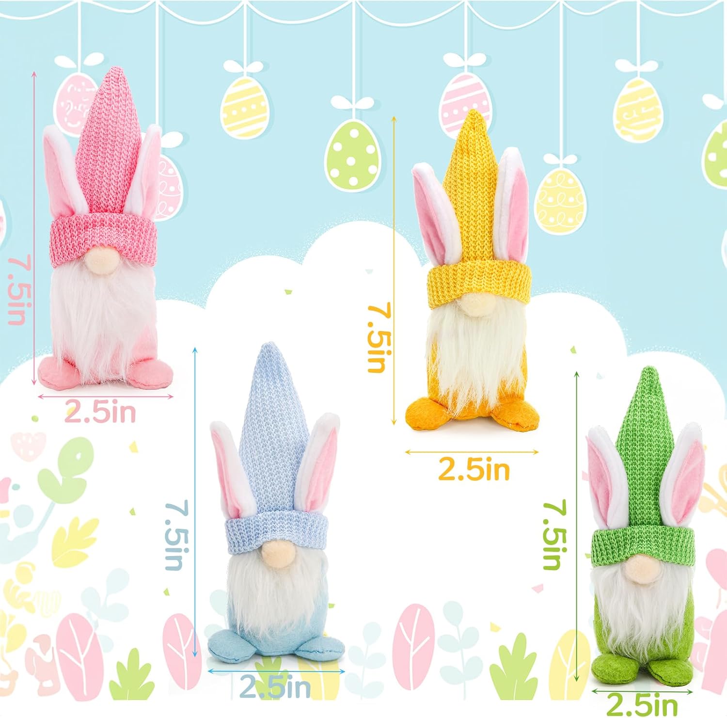 YOUEON 4 Pack Easter Bunny Gnomes Spring Gift, 7.5 Inch Handmade Easter Gnomes Decorations for Home Centerpiece, Swedish Tomte Elf Plush, Cute Faceless Dwarf Ornaments, 4 Colors
