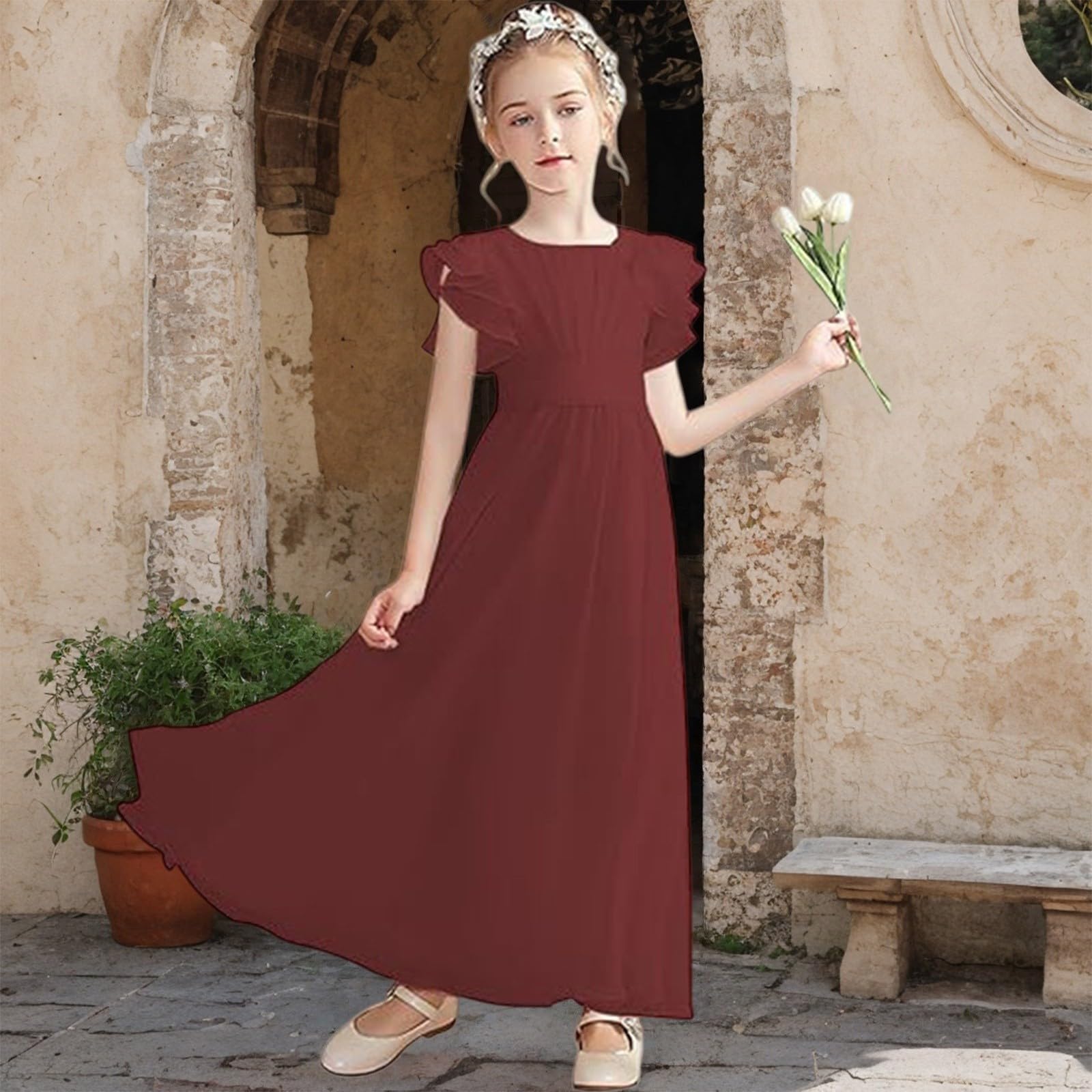 Abiti da ragazza con maniche a volant estate elegante una linea abito da festa di nozze damigella d'onore ballo di fine anno fiore ragazza abito per bambini Boho Flowy Maxi abito