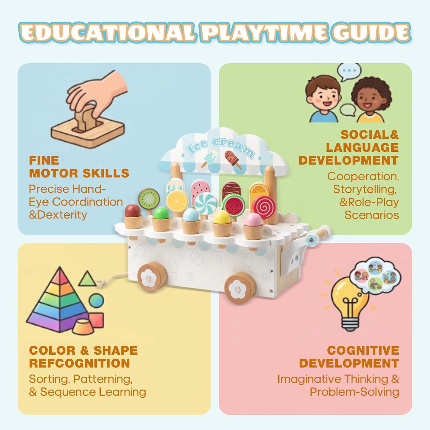 BROWNROOT Wooden Ice Cream Cart, Pull Along Pretend Play Toy for Kids | Popsicles and cones, scoop-and-serve play, Montessori style, motor skills, ages 3+, gift for girls and boys
