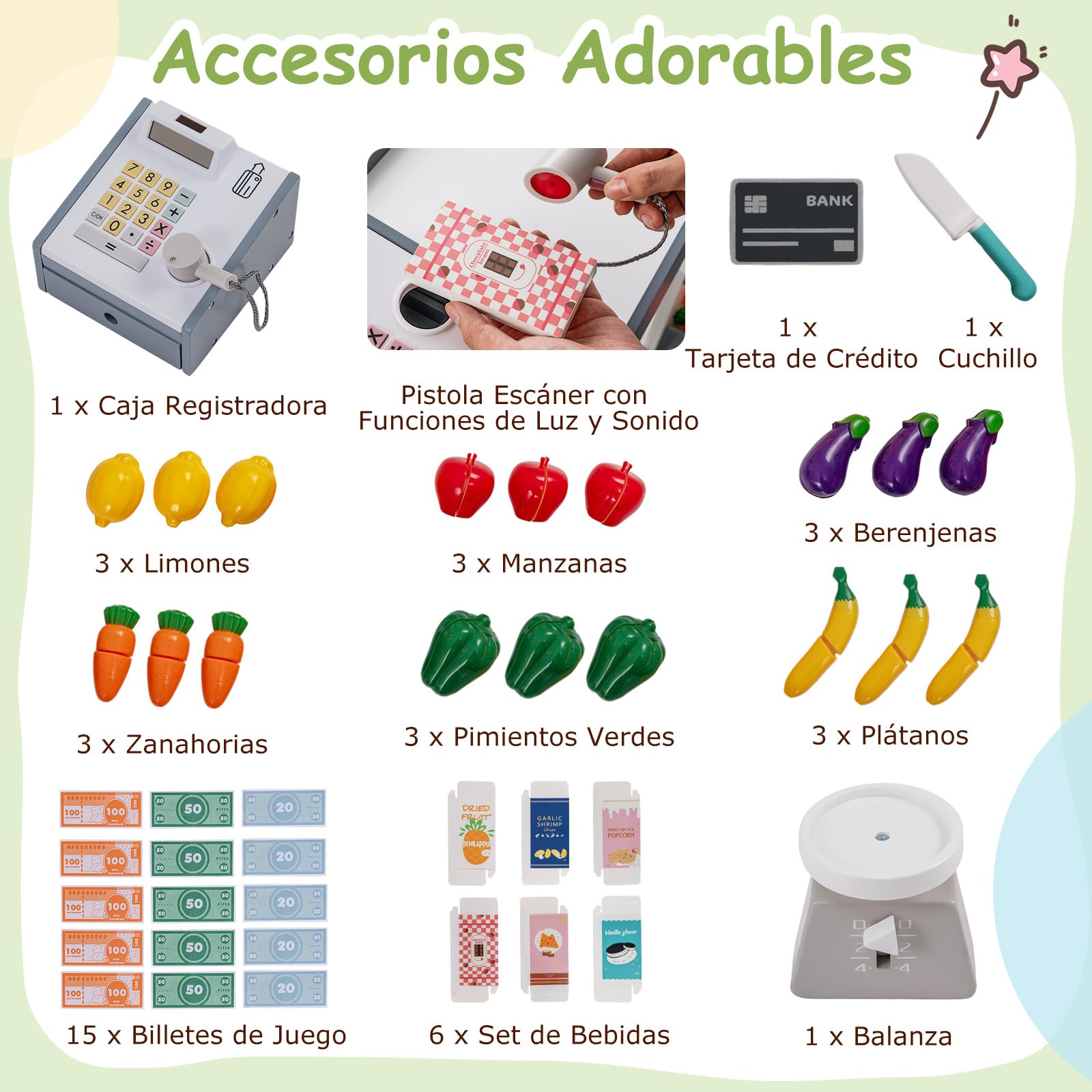 COSTWAY Supermercado Infantil de Madera, Set de Juego de Tienda para Niños con Carrito de Compras, Máquina Expendedora, Mostrador de Caja Registradora, Pizarras, Estantes de Exhibición
