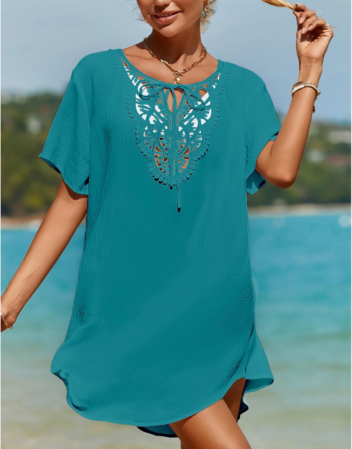 SimpleFun Womens Swimsuit Coverup Lace Crochet V Neck Bathing Suit Cover Up Dress Beach Cover Ups for Swimwear - Image 3