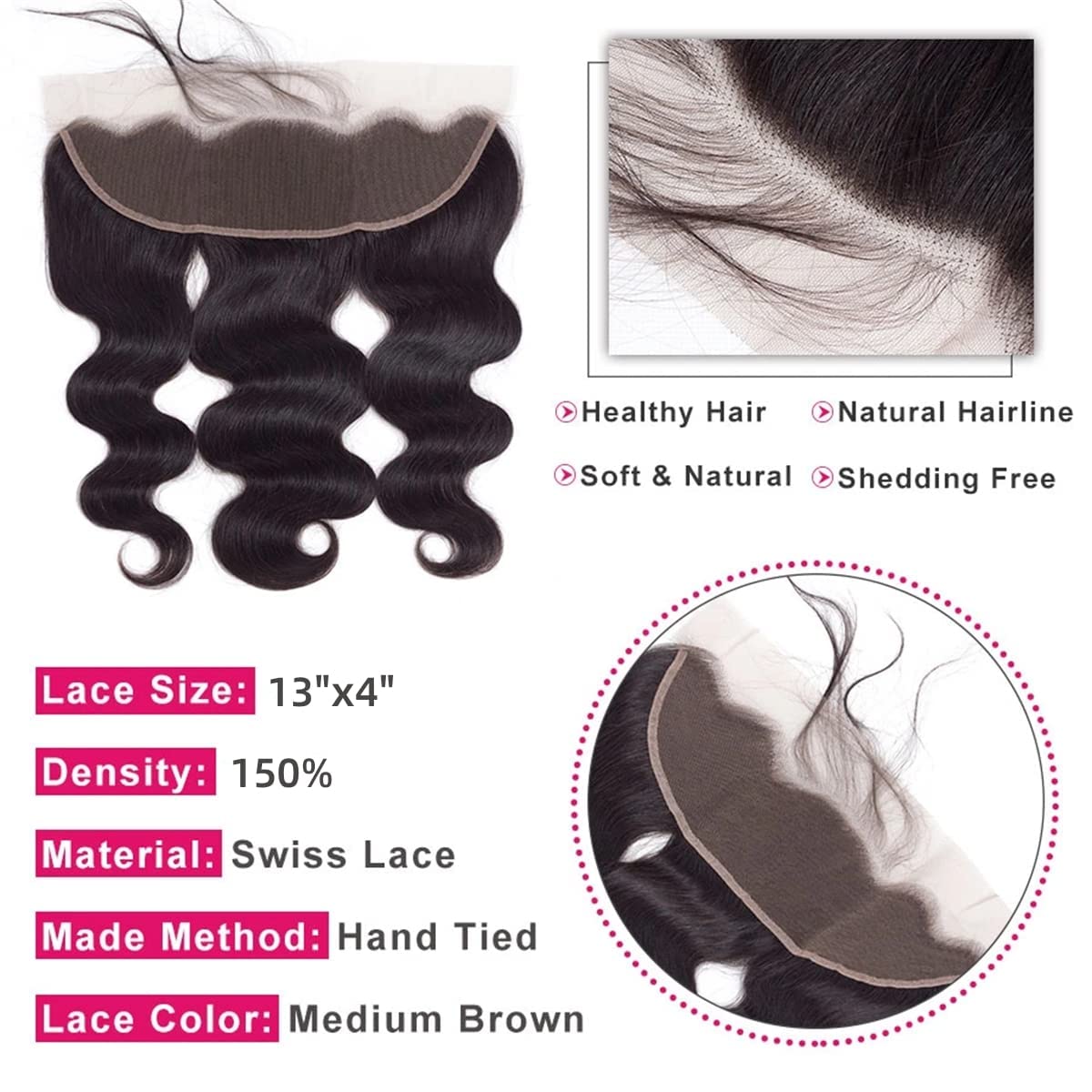 Bundles Tissage brésilien naturel Body Wave, lot de 3 mèches, avec dentelle frontale 13x4, cheveux bébé pré-épilés Extensions de coiffure(20 20 20 Frontal 16)