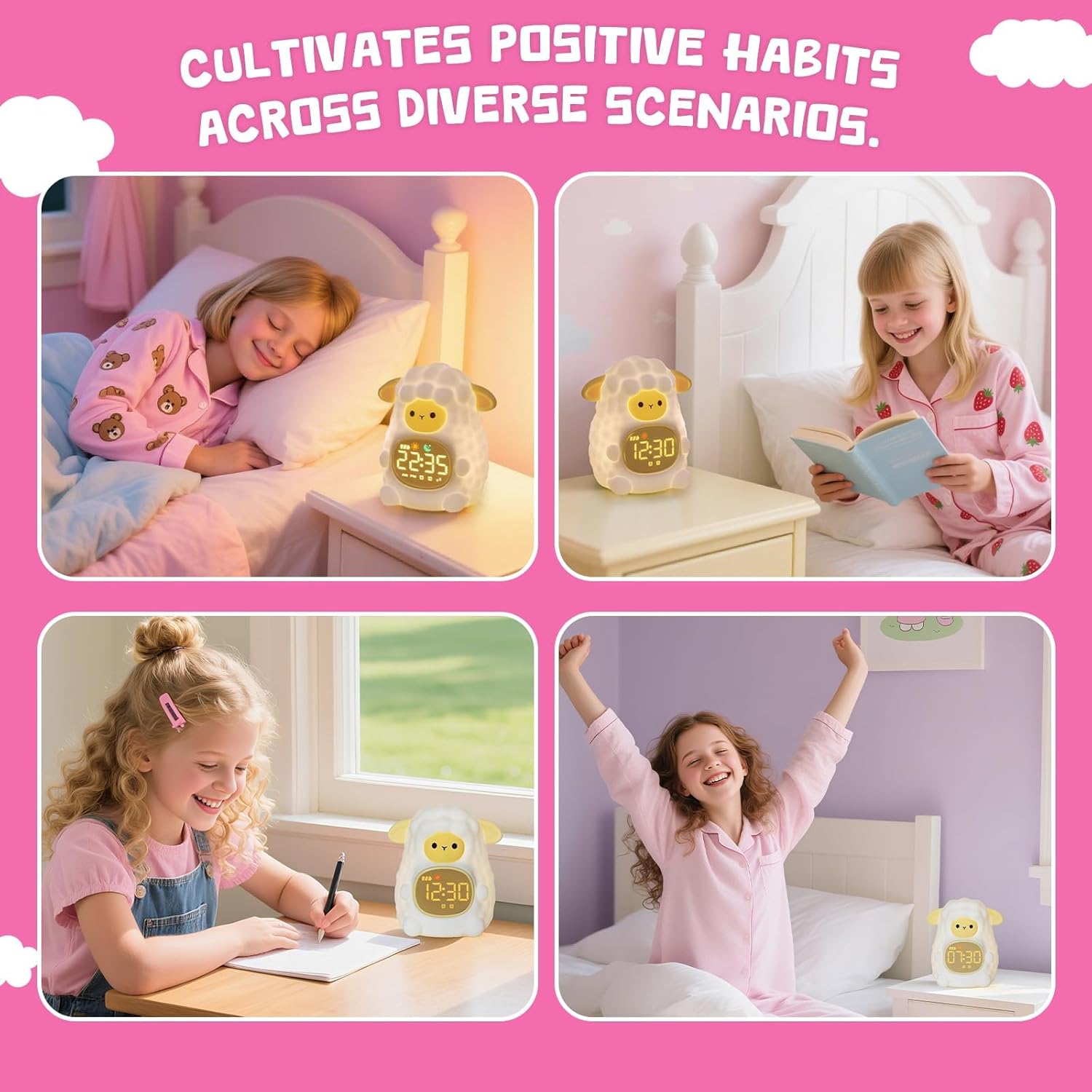 A child waking up, with three images of the alarm clock showing its progression: yellow light at 07:00 for progressive wake-up, and green light with bell at 07:30 for 'OK to wake'.
