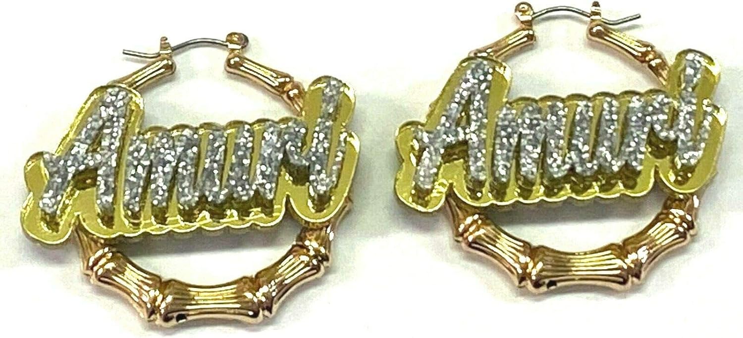 Bamboo Earrings Personalized Custom Gold 1.5, 2.5, 3.5" Size and Background Color Choice Hoop Name Plate Laser Cut Diamond Look Made To Order Any Name Script Cursive Letters Stunning, Quality, Attractive