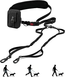 3-in-1 Hands Free Double Dog Leash with Detachable Pouch,Waist Dog Leash for 2 Dogs with Reflective Stitches 4 Comfortable Padded Handles Shock Absorbing Bungee,Tangle Free for Walking Jogging Hiking