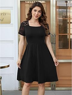 Lace Tshirt Dress Women Summer Dresses for Women Casual Pleated A-Line Square Neck Short Sleeve Midi Floral T Shirt Dresses