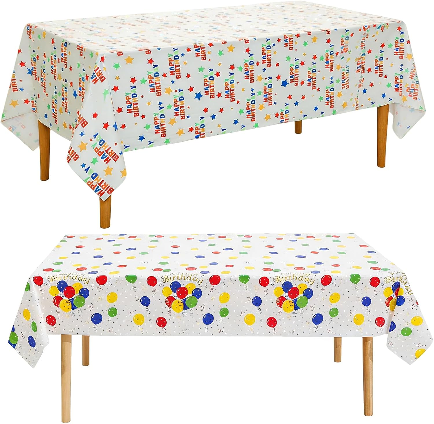 2 Pcs Disposable Tablecloths with Balloons Happy Birthday Stars Design, Rectangle Plastic Cover for Party Decorations, Perfect for Men Women Baby Shower and More, 108 x 54 Inch