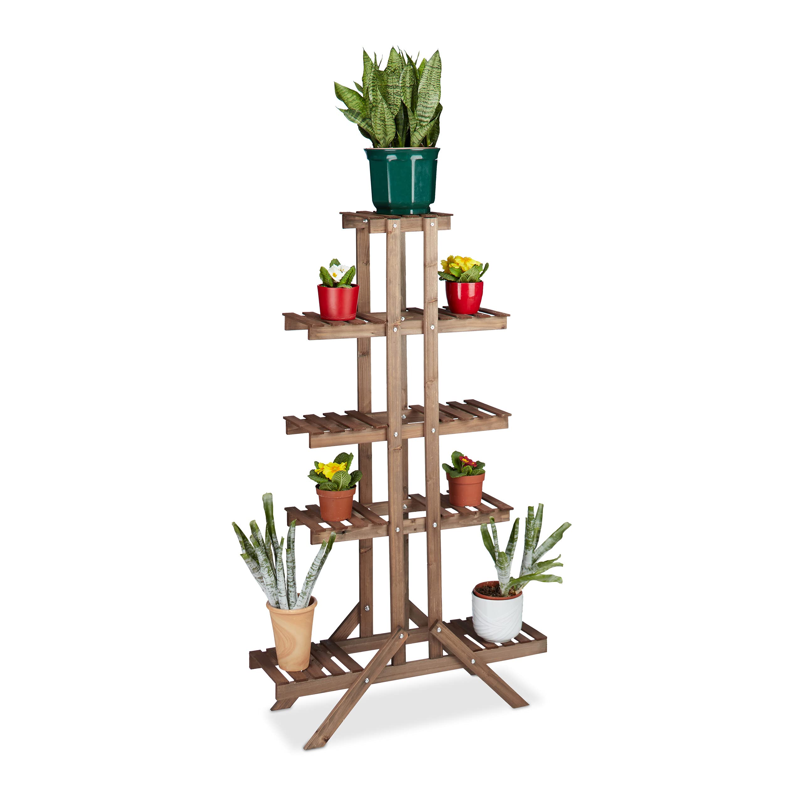 Relaxdays Soporte Plantas para Interior 5 Niveles, Madera, Marrón oscuro, 142,5 x 83 x 28,5 cm