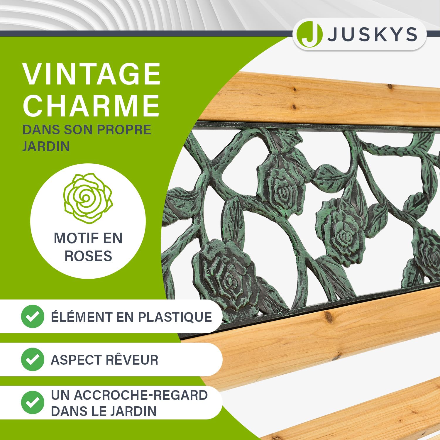 Juskys Banc de Jardin - Banc en Bois 2 Places avec accoudoirs & Dossier - Banc résistant aux intempéries 122x54x73 cm - éléments latéraux en Fonte- Naturel, Modèle Venezia
