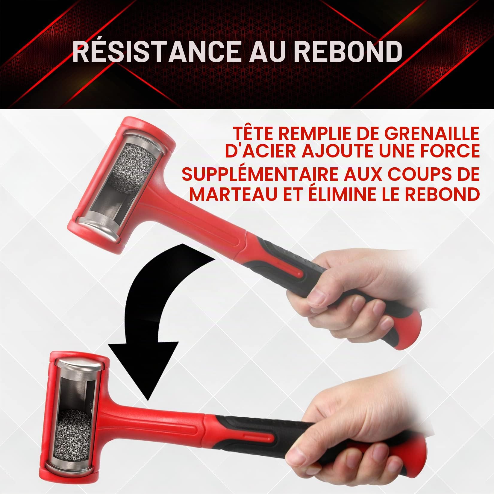 YIYITOOLS YY-3-013 Lot de 3 marteaux à percussion morte 453,6 g (0,5 kg), 765,4 g (0,7 kg), 1,275,7 g (1,4 kg) conception anti-choc, pas de rebondissement, rouge et noir, noir, rouge