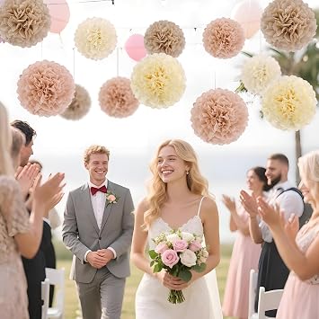 Easy Joy Pack of 15 Paper Flowers Pom Poms in Beige & Pink